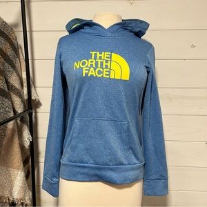 The North Face Blue Hoodie with Vibrant Yellow Logo